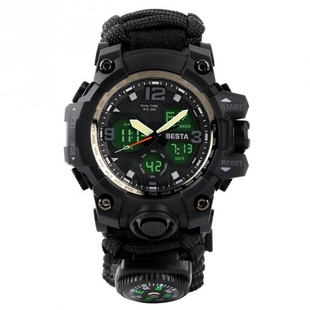 Чоловічий водостійкий тактичний годинник Besta Life Pro AllBlack з компасом 1547 фото