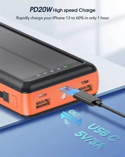 Зарядний пристрій на сонячних батареях Powerbank 619S 20000mAh із ліхтариком та швидкою зарядкою 2431313731 фото