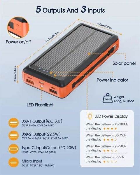 Зарядний пристрій на сонячних батареях Powerbank 619S 20000mAh із ліхтариком та швидкою зарядкою 2431313731 фото