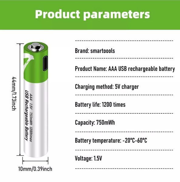 Комплект 4 шт. аккумуляторные батареи Smartoools AAA 500 mah + зарядка Type-C (Зеленый) 45954 фото